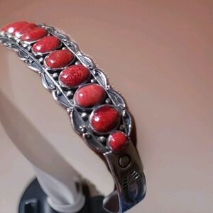 Santa Fe Style Red Coral Cuff Bracelet Sterling Silver 7.5 Inches